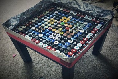 Upcycle Beer Bottle Caps Into A Table Doityourself Aluminum Foil Is The Best Choice Because It Will Easily L Off Of Epoxy Once Dries Create As Smooth An Edge Possible
