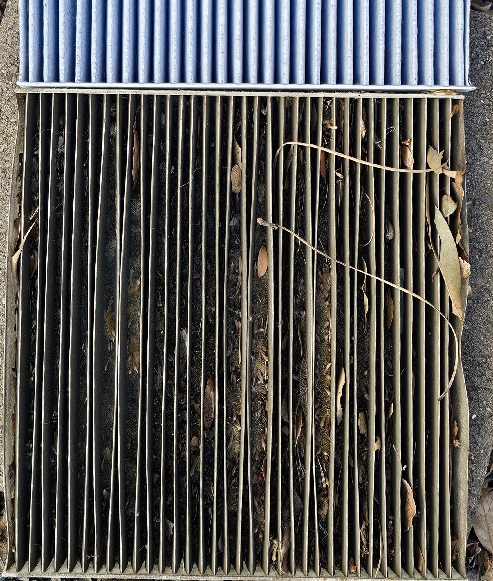 10 years (or more) cabin filter. New filter above for apple to apples comparison.