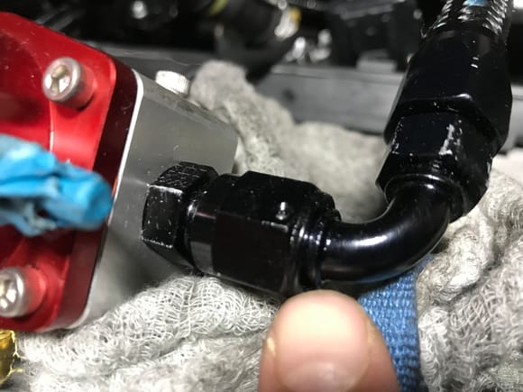 Had a minor fuel leak when testing the upgraded fuel system. This 90 coupling had a leak right there. I untightened/retightened and it sealed well.

To test the fuel system: With the key in the ignition turn your key to the setting just before starting your car. You will hear a Vrrr-ing of the fuel pump in the rear. This will prime the fuel lines.