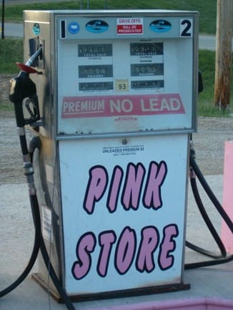 the pink store gas pump, so old it still has the rotary numbers as you pump.                                                                                                                            