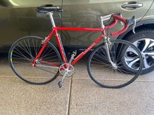 53 cm red Colnago set up as a fixie. Good paint, chrome head lugs, light & simple.