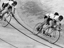 Sept 64 Olympic trials at encino.   Disney and Mountford in front riding a cinelli and bob kemp and Danny Saunders riding the Schwinn just behind.   You can see the curved tube on the Schwinn.   Both bikes were provided by bob hansing.  I think Disney designed the 64 bike after the cinelli.  Unless they put Schwinn decals on it for the Olympics. 