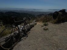 View looking down Claremont descent with a peek-a-boo view of SF.