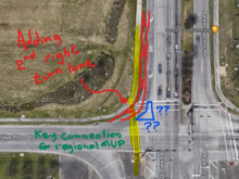Existing intersection. MUP connection in yellow. They will add another right-turn-only lane.