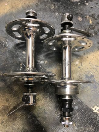 Possibly the most critical element, the elusive Campy Nuovo Tipo hubs, specially built just for the early Le Champions, featuring the kidney shaped cutouts. These are so cool and unique, IMO...