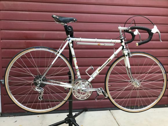 AFTER-The finished 1971ish Peugeot PX-10. The original owner of the complete bike had installed a first generation Dura Ace touring drivetrain in place of the Simplex derailleurs. The bike is much more useable in the hills. 