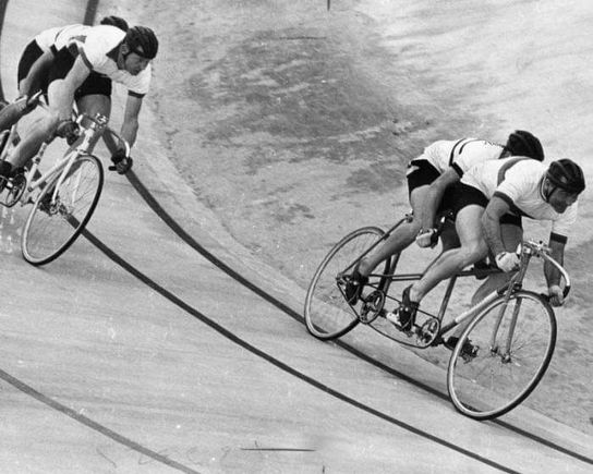  Sept 64 Olympic trials at encino.   Disney and Mountford in front riding a cinelli and bob kemp and Danny Saunders riding the Schwinn just behind.   You can see the curved tube on the Schwinn.   Both bikes were provided by bob hansing.  I think Disney designed the 64 bike after the cinelli.  Unless they put Schwinn decals on it for the Olympics. 