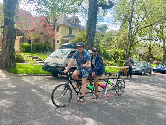 Team mates on a side street learning getting their CDL for tandems 