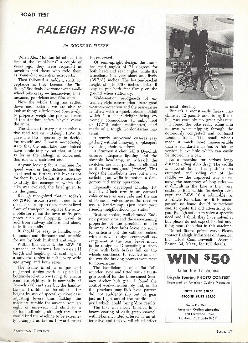 Road Test Bike Review 1967 RALEIGH RSW 16 Bike Forums