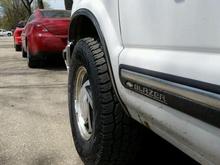 Stock rims with 255/70R15 tires and no rubbing.