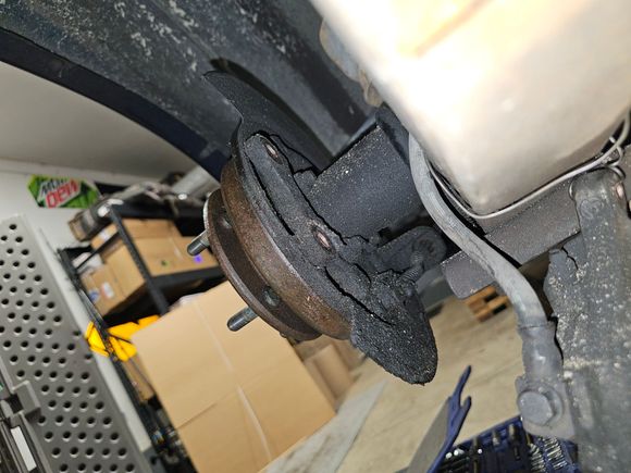 The driver side that had a leaking wheel cylinder. The wheel well, wheel and brake rotor was covered in fluid. Brake shoes are totally gone, I wasn't in a position to replace them so for now, no rear parking brake. 