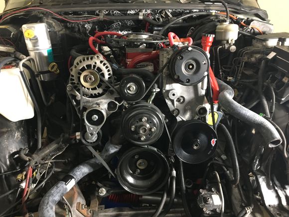 New mounts, coolant resivour, serpitine belt, tensioner, water pump, accumulator, power steering pump and a/c compressor.