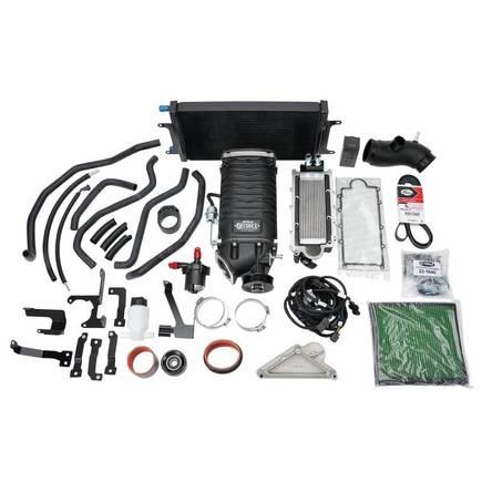 It os a com hrre is the $5500 Edelbrock E-Force kit. Dont fool plwith your intake or exhaust. Just buy this kit. It has an Eaton TVS 1.76 w/ 7 lbs of boost. Its positioned on top of the engine and makes 100 hp and 100 ftlbs of torque (SAE NET). I used a rewards card and got $500 off, which paid for tax and freight. It is good, clean horspower. (RWHP 379 RWD torque:325). 
 Did I mention the Edelbrock 3 year 36,000 mile POWERTRAIN warranty??? OMG.