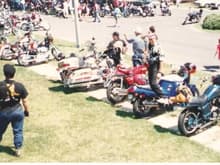 Me standin up on my old 88 hurricane 1K lookin around at all the bikes. This was the Dogs on Hogs Rally of 1995 in southern Louisiana.