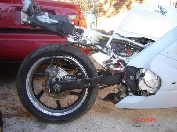back rim was cracked when i bought it.missing complete right foot peg mount.chain is okay,rotors are okay,could use some brakes,new tires.(hole in clutch cover has been fixed with new cover).
