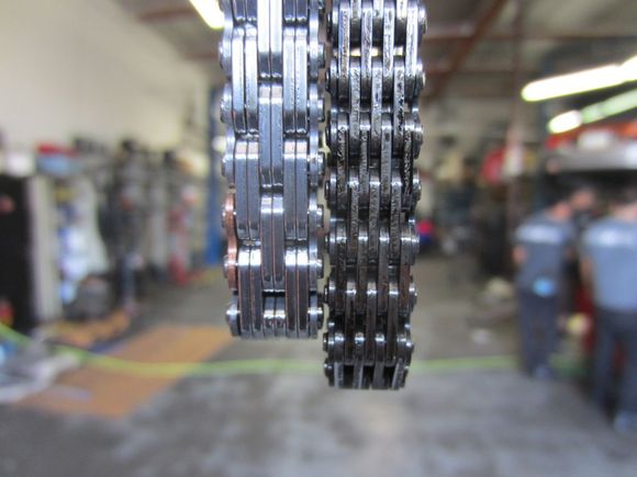 left is new rights is old.   notice how the old chain is longer.  and the marks all over outside where it has benn slapping the chain guides.   
