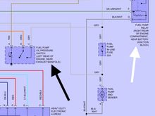 FP Relay marked by white arrow

Oil PSI switch marked by black arrow.