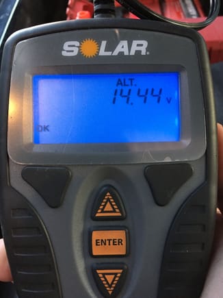 Charging voltage from alternator after engine was warmed up.