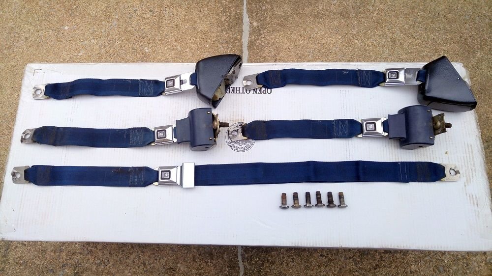73 Deluxe stainless buckle, dark blue web seat belts