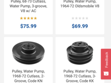As you can see there are TWO three groove water pump pulleys available from OPGI. The one on second row is wrong part number and looks exactly like one I had originally. The one on top row looks more like what I need. It has a shorter Top. Weirdly they do not like a GM part number. I ordered that one. When it came it did NOT look like what I ordered and instead looks like the one on second row. 

Ok. Now compare to this...