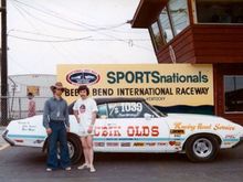 1974 BEECH BEND BOWLING GREEN KENTUCKY;  70 W-30 LUBIK OLDS CONVERTIBLE ORIGINALLY PURCHASED AND RACED BY PAUL MAYO.   RON MCHUGH (RIGHT) PURCHASED CAR IN CIRCA 1972  AND RACED CAR.  CAR IS FULLY RESTORED TODAY.