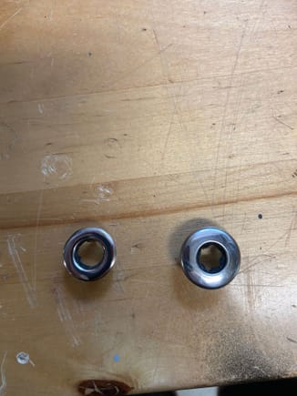Original for lock bezel on the left and bezel supplied by Legendary on the right. Notice the size difference.  I’ll reuse my original one on the left since they polished up just fine and the black Inner felt “insulator” was still in good shape. 