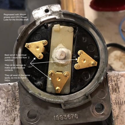 The inside of a Mid-60's AC Delco Olds switch pitch kickdown switch. It will need cleaning and contact points may be worn.