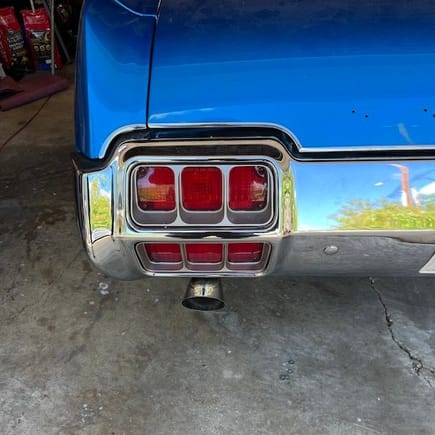 Another pic of the tips.  I've read other posts about the exhaust tips and the general consensus seemed to be 2-1/2" out but it's too much for my eye.  I may pull them back to 2-1/4" out.