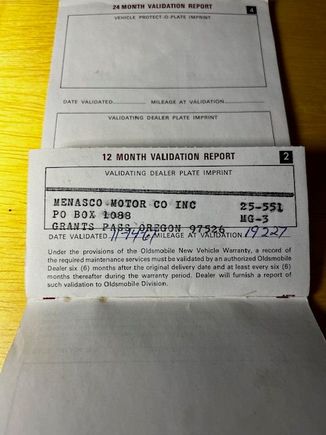 12 month service record
Shows Olds Dealer name