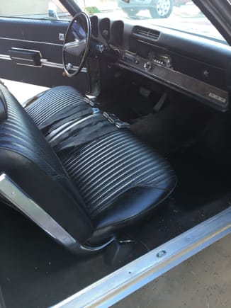 Original interior is as good as it gets.  There was a tear on the far side of the bench.  I found a shop that pieced in a new patch of matching vinyl in the interest of preserving the rest of the mint seat cover.   Dash carpet and other stuff is near flawless