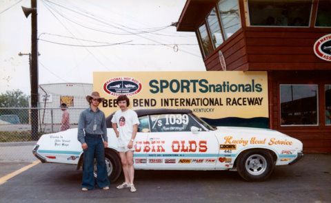 1974 BEECH BEND BOWLING GREEN KENTUCKY;  70 W-30 LUBIK OLDS CONVERTIBLE ORIGINALLY PURCHASED AND RACED BY PAUL MAYO.   RON MCHUGH (RIGHT) PURCHASED CAR IN CIRCA 1972  AND RACED CAR.  CAR IS FULLY RESTORED TODAY.