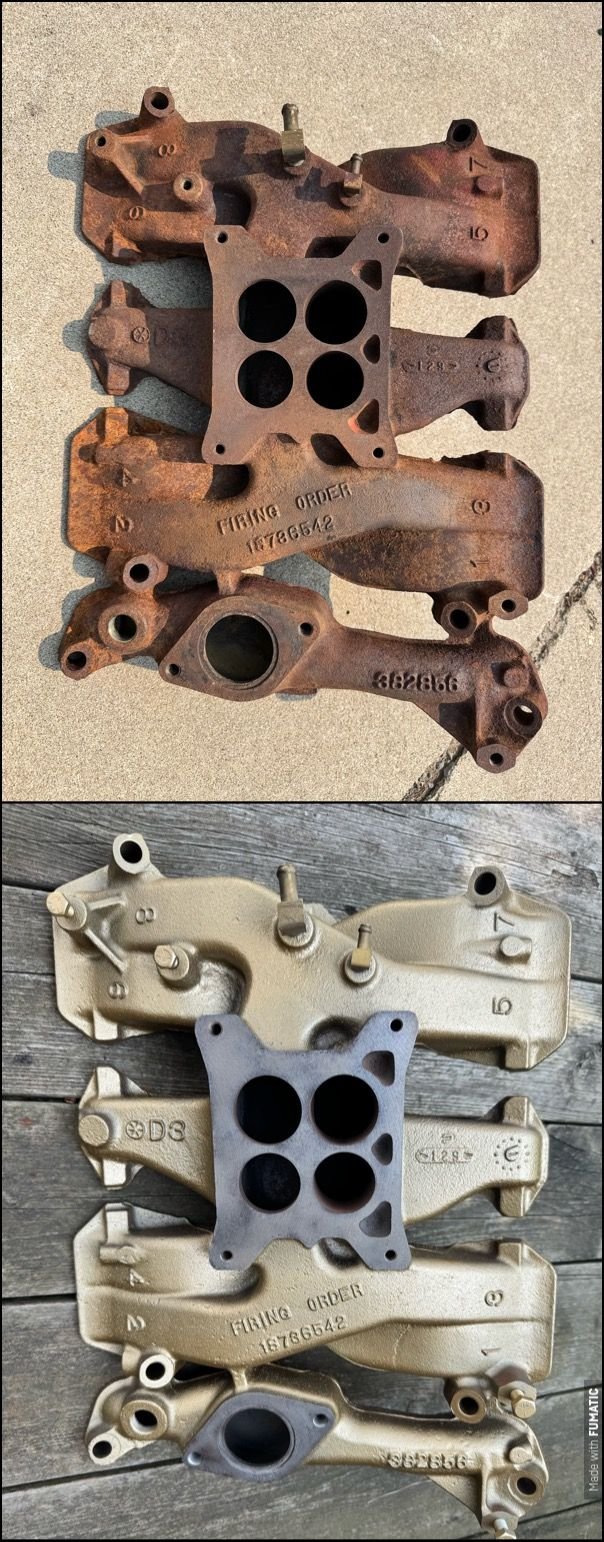 Before and after! Original 1964 intake. Yes, I am aware that the color is not correct for the year and engine, but a red intake bolted on a gold engine would look silly!