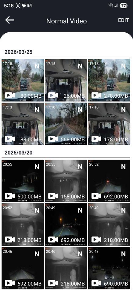 Video folder with separate videos for the forward and interior cameras, sorted by video date.