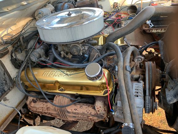 318 cid crate motor, which was actually surplus for an M880/890, it was still in a styrofoam filled crate. It has an edelbrock aluminum manifold with a edelbrock four barrel carburetor on top. Also has a nice set of moroso valve covers. When I can find a set of headers that I can afford it will have them also.