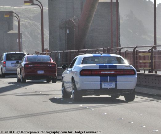 The 2011 Dodge Challenger SRT8 392 and The 2011 Dodge Charger R/T AWD on the Golden Gate Bridge