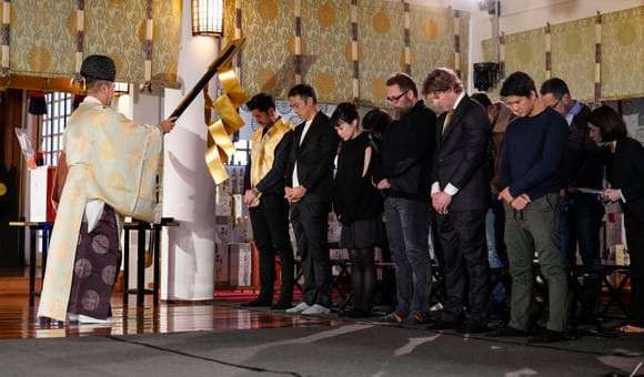 TOKYO, JAPAN - JANUARY 10: #SnakeEyes talent receive a traditional blessing at Hie- Jinja Shrine ahead of beginning shooting in Tokyo. (Photo by Christopher Jue/Getty Images for Paramount Pictures)