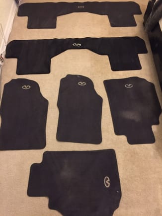 I have 6 Infiniti floor mats, I have two sets of the rear seat floor mats and 2 pairs of the passenger side floor mats along with the 2 sets of the drivers side floor mats. All are in great condition. I have no use for these since I got a new vehicle, and they have just been sitting in my garage. I would like $75 for all of those OBO. If you'd also like just a single one or however many you might need, we can figure out a price. No trades.