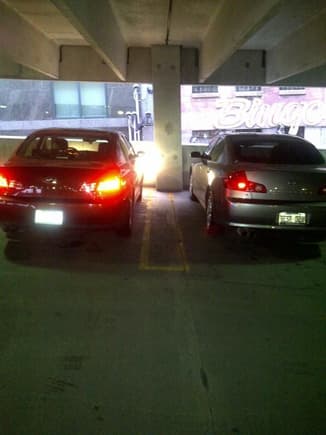 My car and a co worker's Car. Gotta love the brake lights