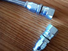 I used Aeroquip teflon -3an braided lines with Aeroquip stainless fittings. (I PERSONALLY don't like the blue/red aluminum fittings, stainless is much cleaner looking.) I also don't like mix and match, so I tried to stick with one brand (Aeroquip) for all my lines, fuel included.