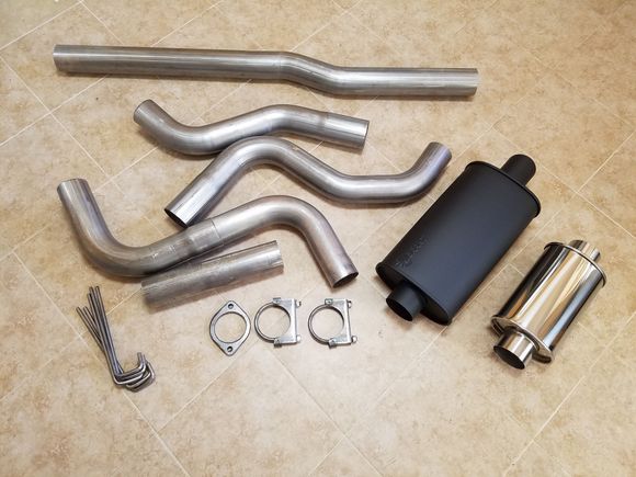 3" stainless steel, mandrel bent KTeller exhaust with Vibrant ultra quiet resonator and universal flat black muffler.