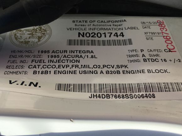 California legal swap. Just have all b18b smog Oem smog stuff hooked up. Cat, ecu you know. 
