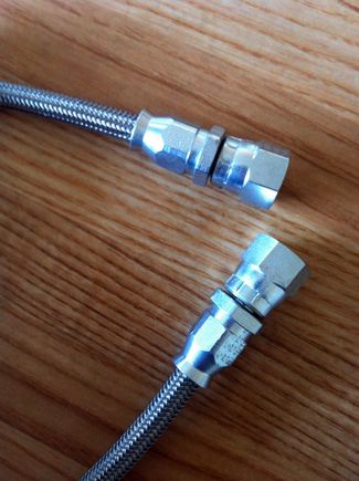 I used Aeroquip teflon -3an braided lines with Aeroquip stainless fittings. (I PERSONALLY don't like the blue/red aluminum fittings, stainless is much cleaner looking.) I also don't like mix and match, so I tried to stick with one brand (Aeroquip) for all my lines, fuel included.