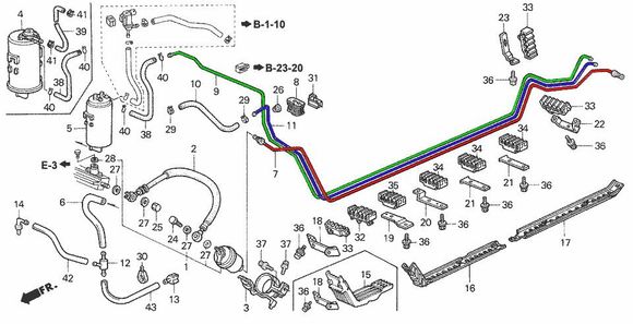 The feed is in red, return in blue and vent in green. For anyone changing just brake lines, the brackets and cage holding them underneath the chassis are shown in the fuel line parts diagram, not the brake line diagram.