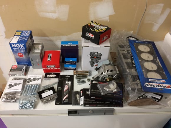 Trying to replace everything. I even had the alternator/starter refurbished. 
king barrings, bolt boys, distibutor, cap, rotor, ngk plugs/wires. Eagle oil squirter block offs, JE head gasket, Blox cam gears. All new oem gaskets/water pump, oil pump, fuel filter. I'm using a Fluidampr as well.