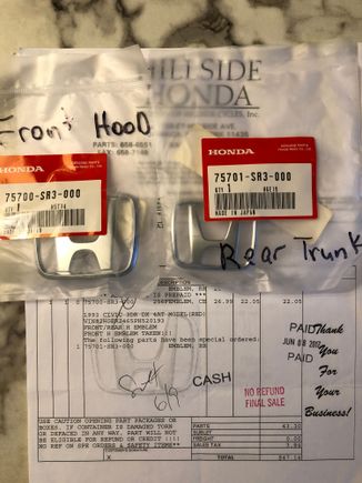 Receipt for Front and Rear Honda Emblems 