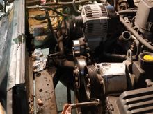 Engine bay with radiator removed.  We'll use this opportunity to clean up and remove some sludge areas.