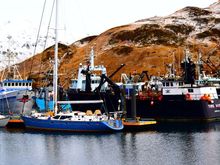 December 2015: Deadliest Catch vessels docked on other side of Dutch Harbor