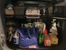 Can load groceries while keeping the tool box and recovery items and jacket on the rack above.  dog is squeezing by to exit the vehicle!