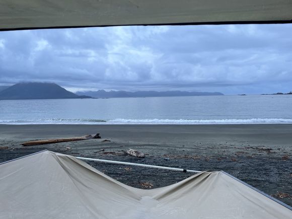View from my tent next morning - Awning dip is intentional.  Tide got close