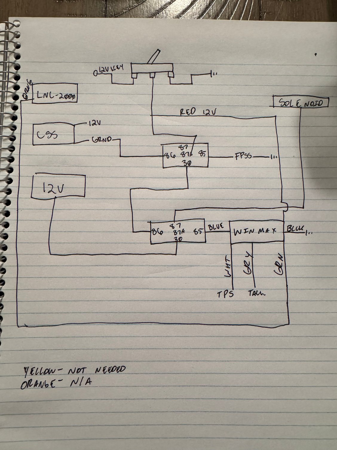 This is my drawing. I can explain it since it may be hard to read. I�ll go out and take pictures of how it�s wired to the clutch pedal also. So basically I already had the relay for the LNC-2000 that was installed on the car previously to my nitrous. The two relays you see in this drawing are two additional ones. Basically when the �2-step� relay sees power it cuts the power from the initial nitrous relay.